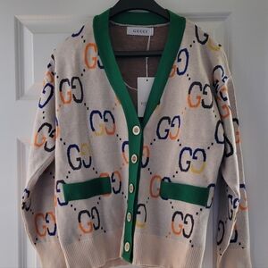 Beige Cardigan with Green Trim